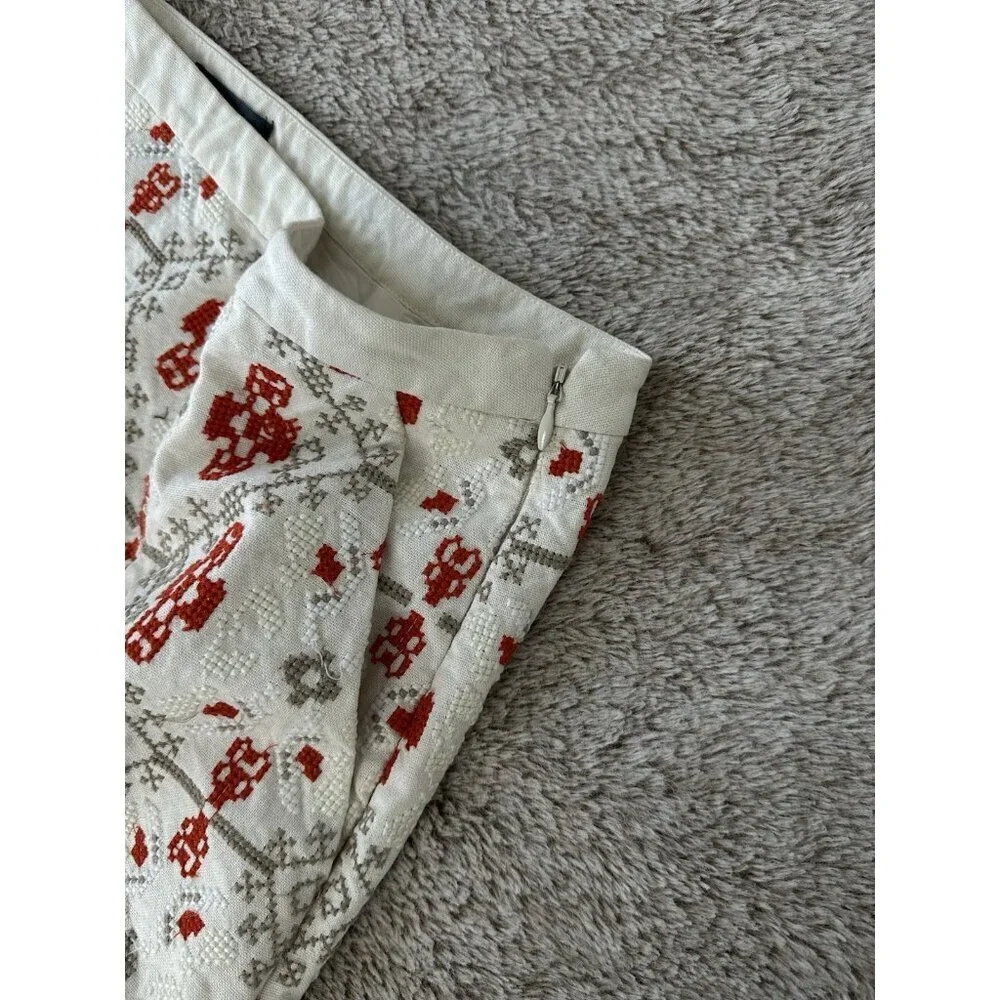 Maeve Cotton Embroidered Skirt Pompom Hem Lined Anthropologie Size 12 Cream Red